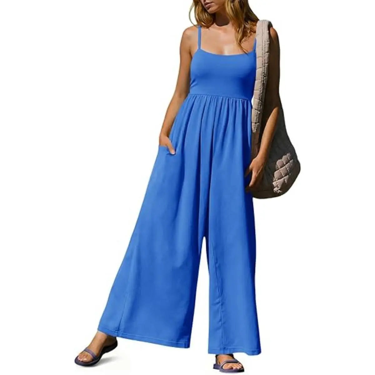 Imily Bela Womens Summer Jumpsuits One Piece Casual Loose Overalls Spaghetti Strap Wide Leg Rompers with Pockets Workout Outfits