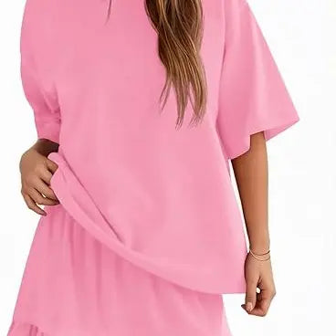 Yousify Women's 2-Piece Set, Casual Half-Sleeve Crew Neck Top & Basic Mini Skirt, Coordinated Summer Vacation Matching Sets for Women, Fashion Apparel