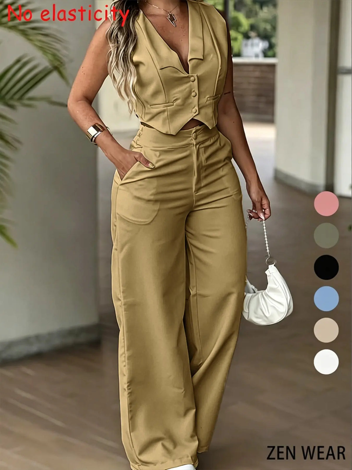 New Women's Pants Set, Sleeveless Fitted Waist Cinching Vest Set, Wide Leg Pants, Minimalist Elegant Office Lady Commuter Two-Piece Suit, Coordinate Set Elegant