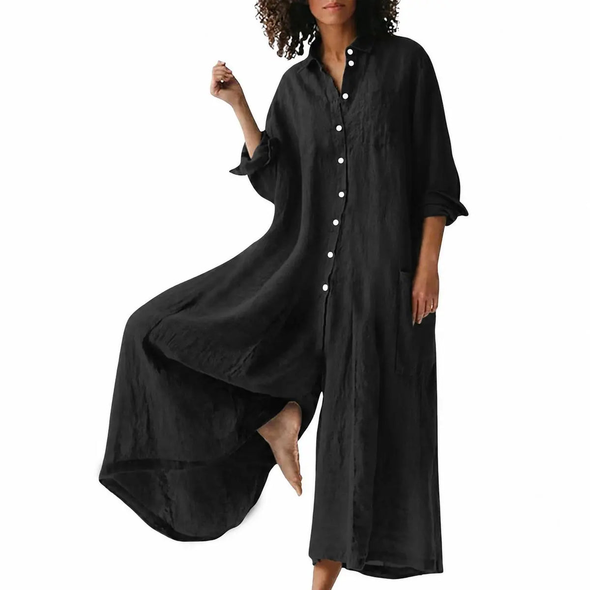 utcoco Women's Linen Button Down Long Sleeve Wide Leg Jumpsuit Beach Palazzo Pants One Piece Jumpsuit Minimalist Lightweight Breathable Spring Outfit, Overalls