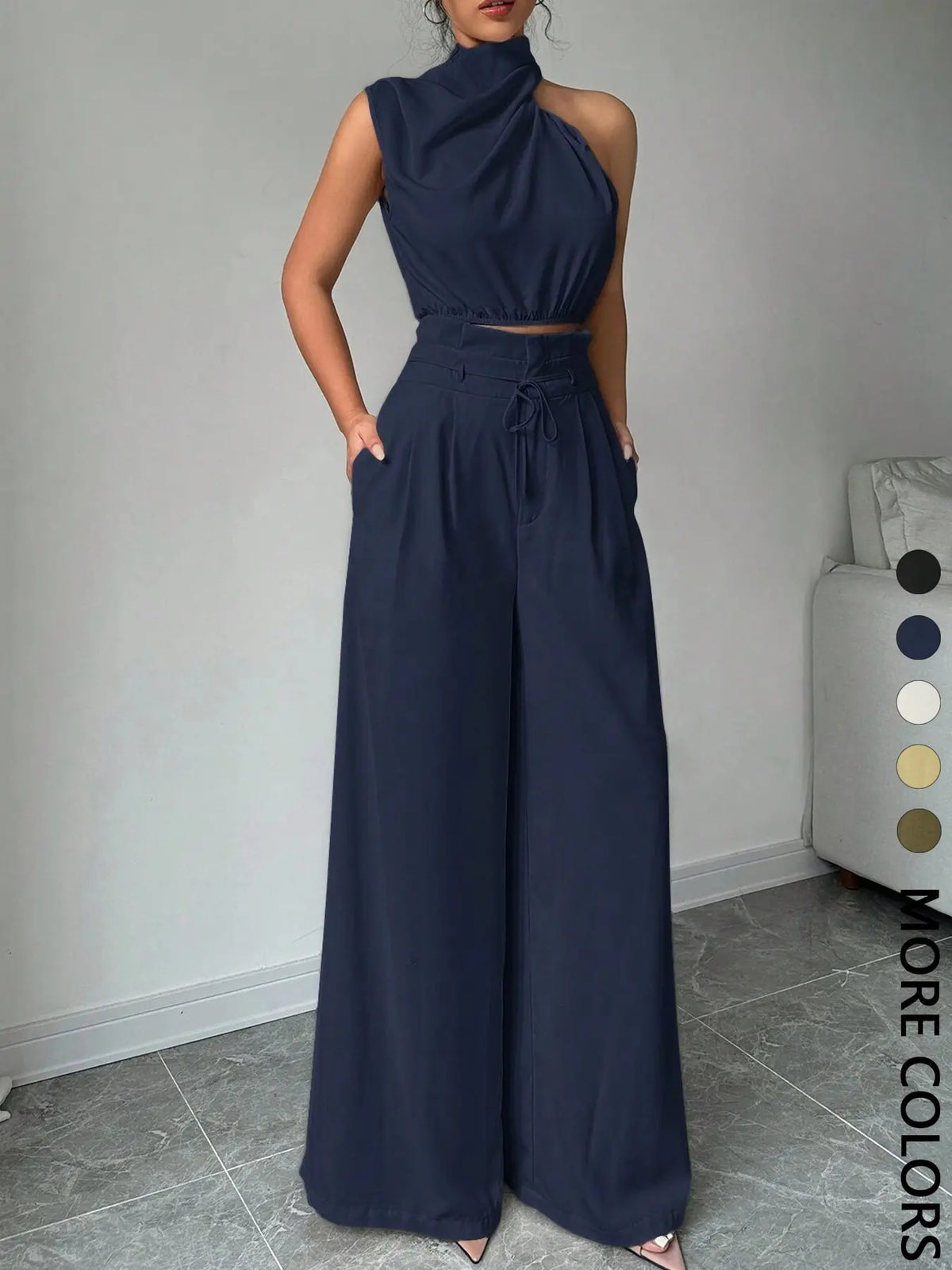 Women's Elegant Asymmetric Top + Wide Leg Pants Two-Piece Set, Everyday Casual Wear, Vacation, Work Commute, Versatile