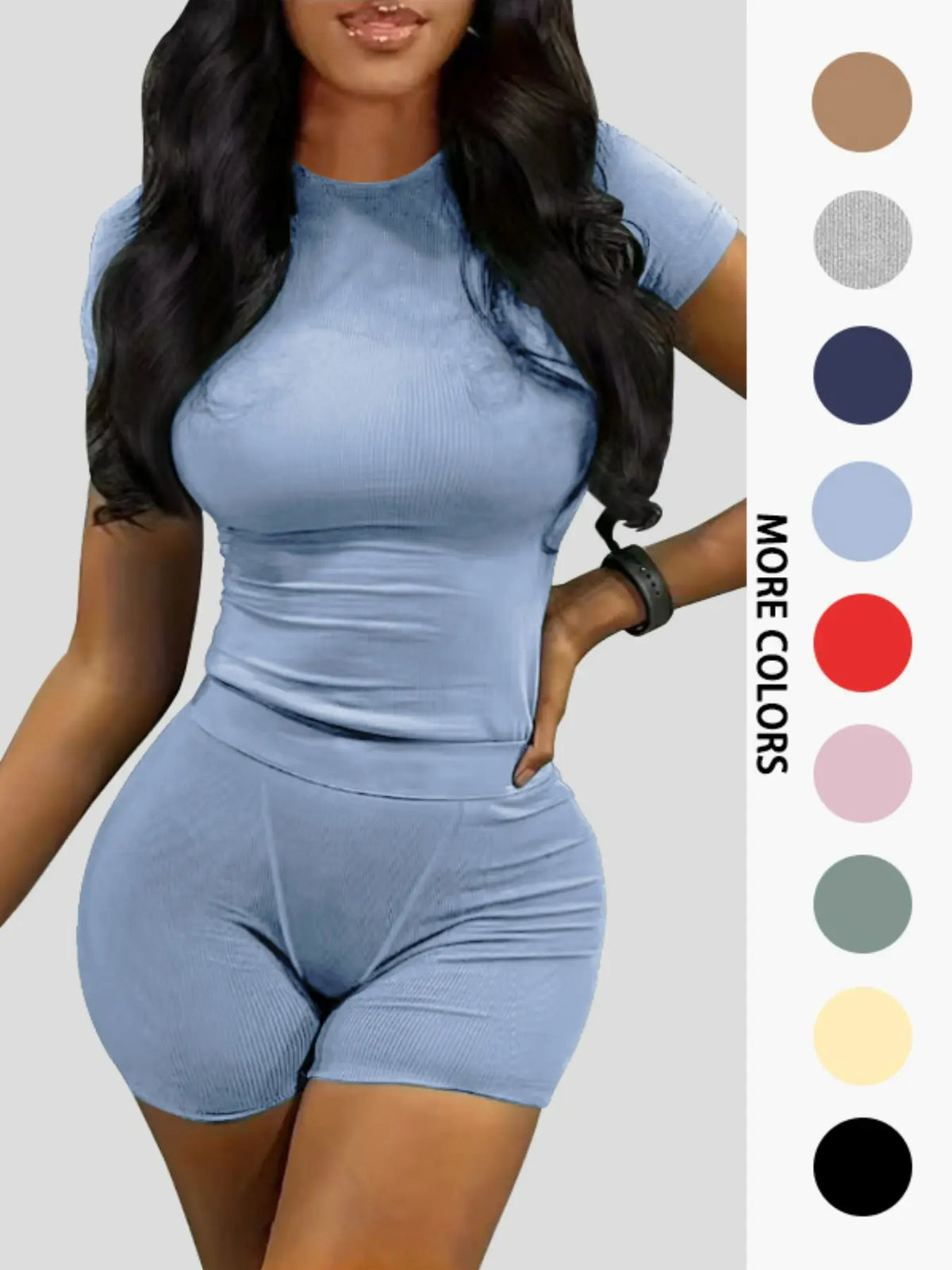 Women's Summer Casual Solid Color Knitted Round Neck T-Shirt Shorts Set Outfit, Comfortable and Stylish, Perfect for Daily Wear