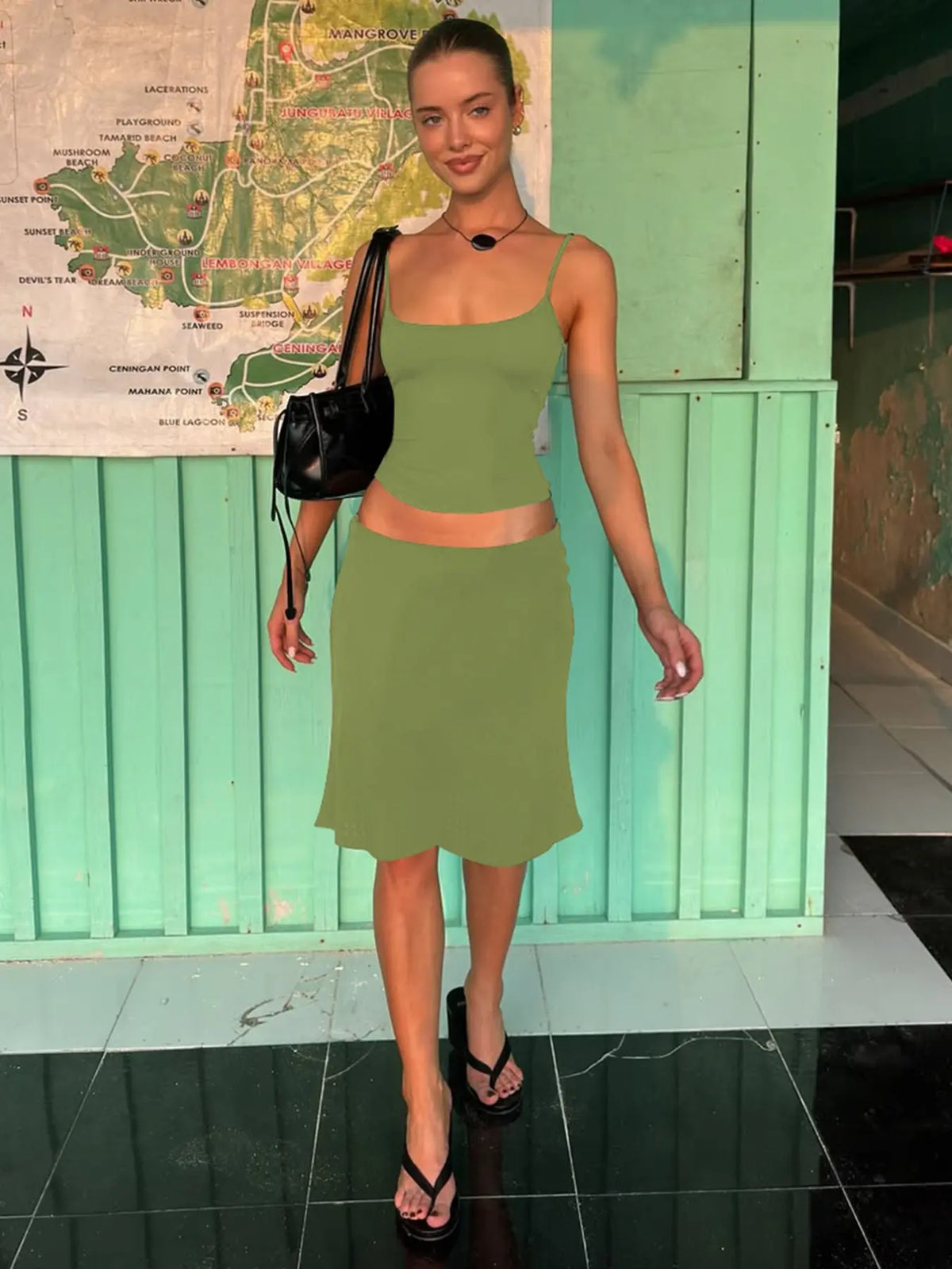 Women's Two-Piece Basic Solid Color Sleeveless Spaghetti Strap Short Cami Top & Skirt Set, Plain Backless Adjustable Strap Outfit for Party, Club and Date, Summer Clothes