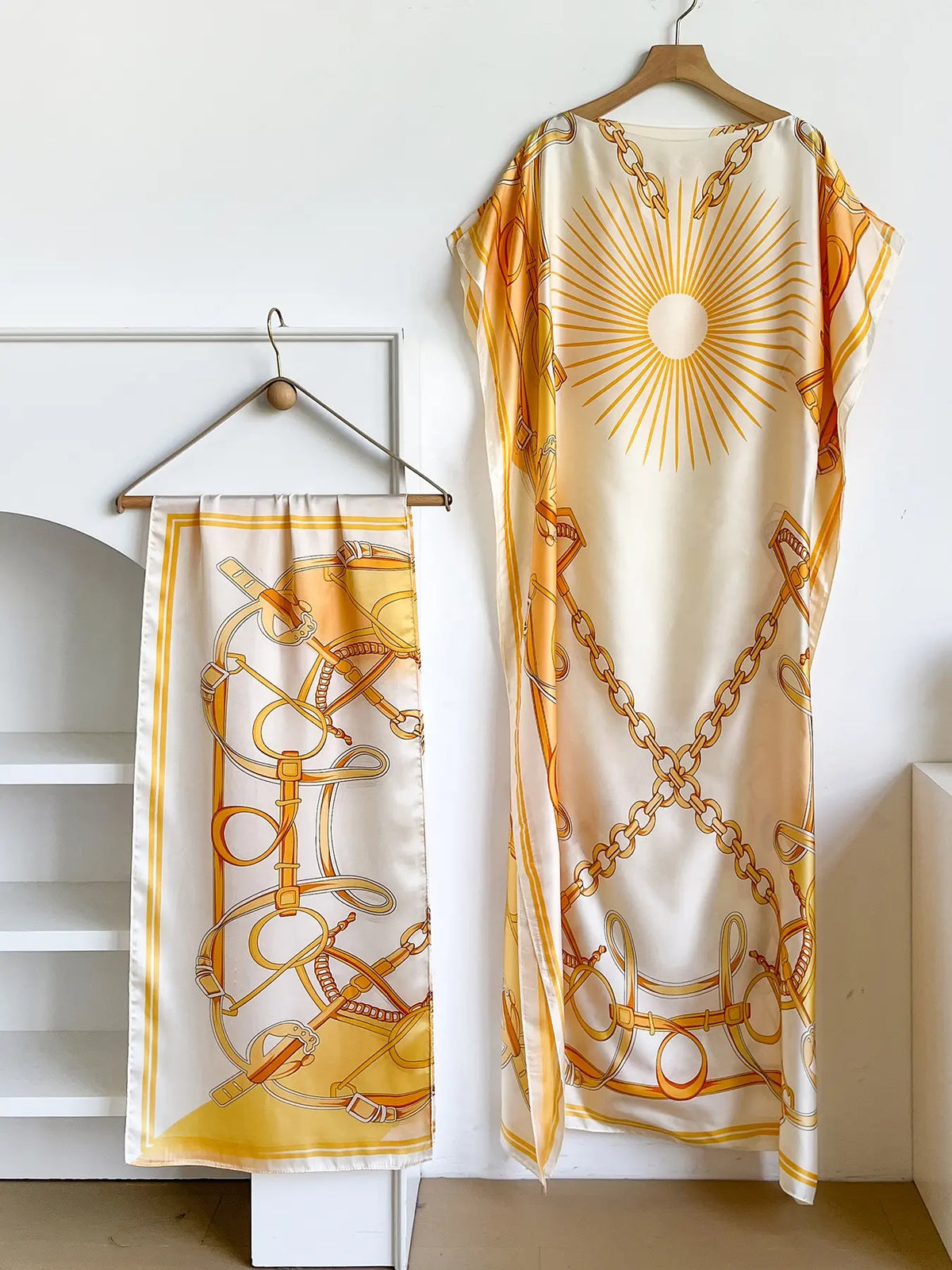 Elegant Dopamine Color Set, Boho Summer Chain Print Muumuu Long Dress Robe, Women's Sun Protection Satin Scarf Shawl