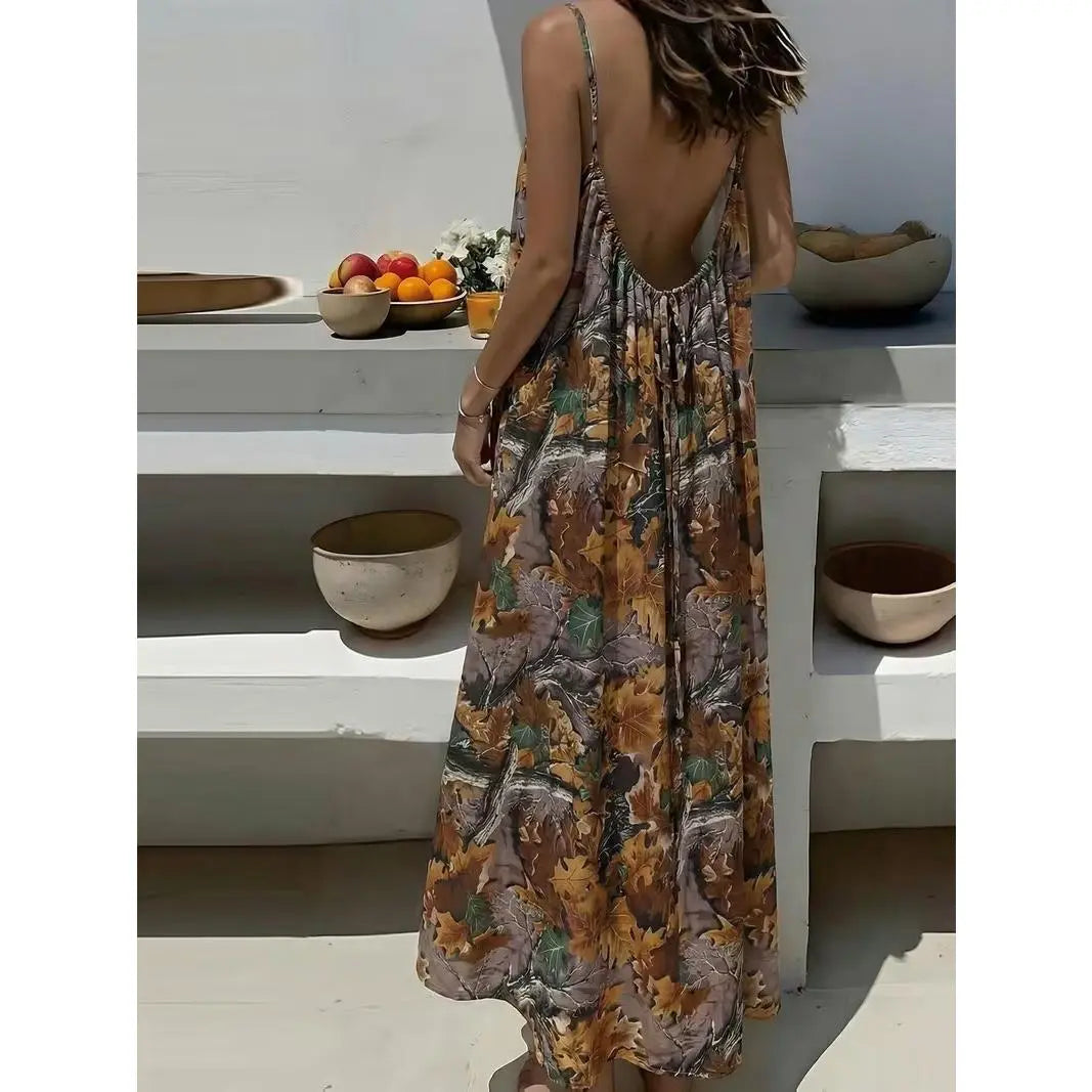 Women's Printed Cami Lounge Dress, Elegant Sleeveless Backless Long Dress for Summer, Ladies Casual Beach Wear