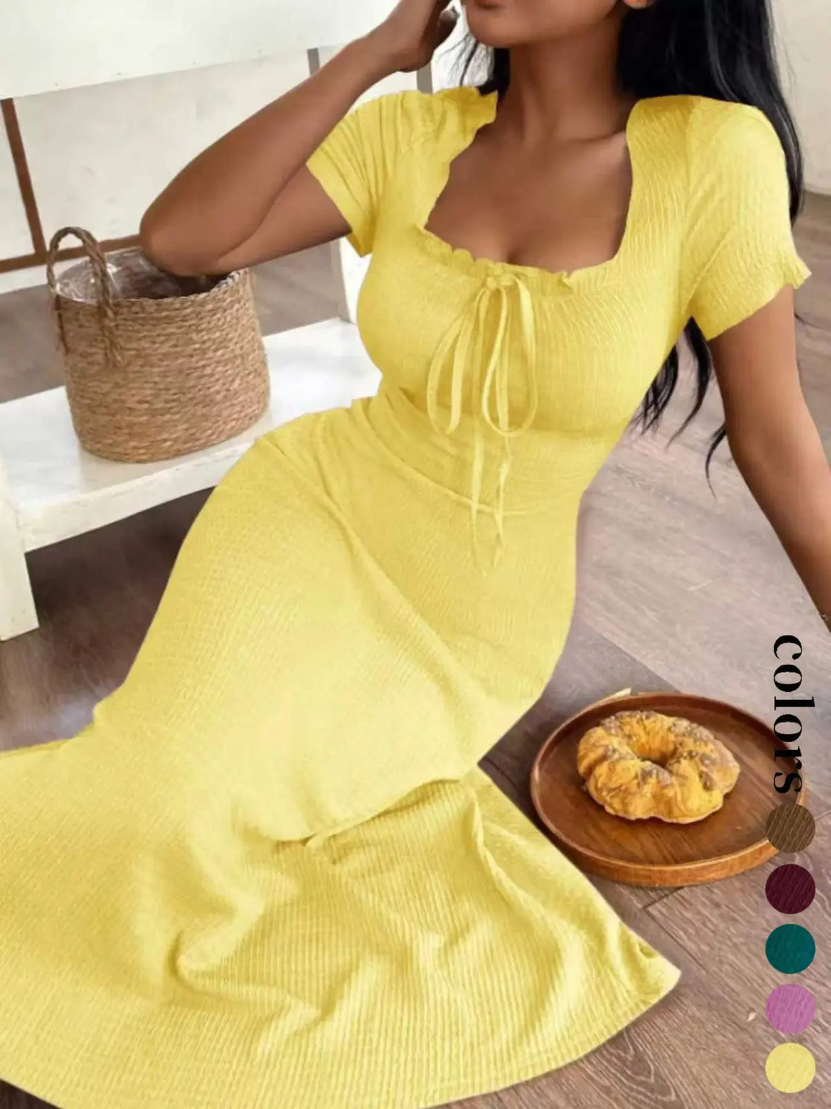 Women's Casual Long Dress Ruched, Slim Fit Short Sleeves Square Neckline Plain Design Basic Summer Dresses, Perfect for Daily Wear & Stylish, Ideal Gift Choice Womenswear Lady, Piece