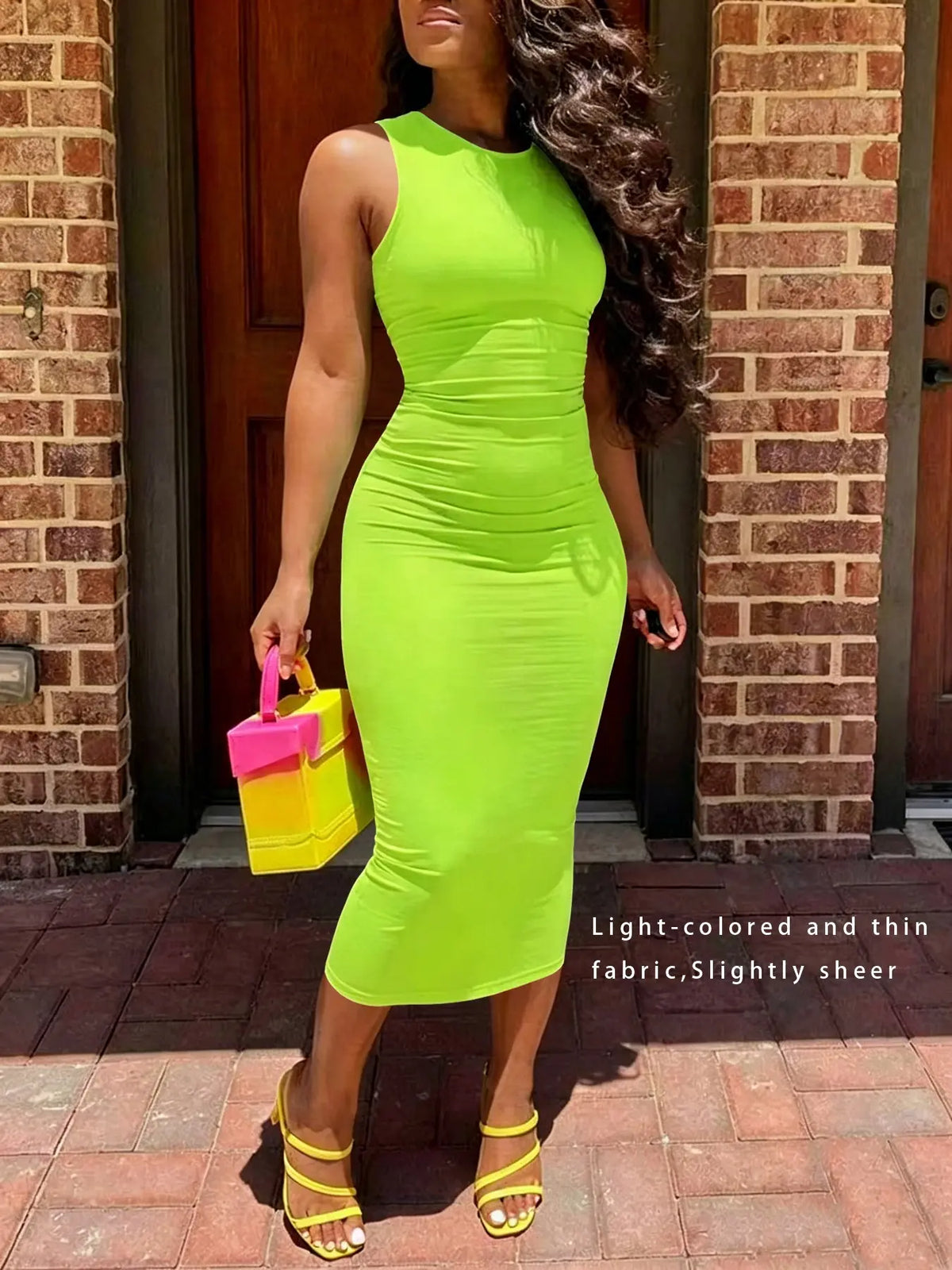 European Women's Spring Summer Fashion Casual Comfy Classy Plain Midi Dress, Sleeveless Slim-Fitting Basic Dress, No Pockets, Versatile