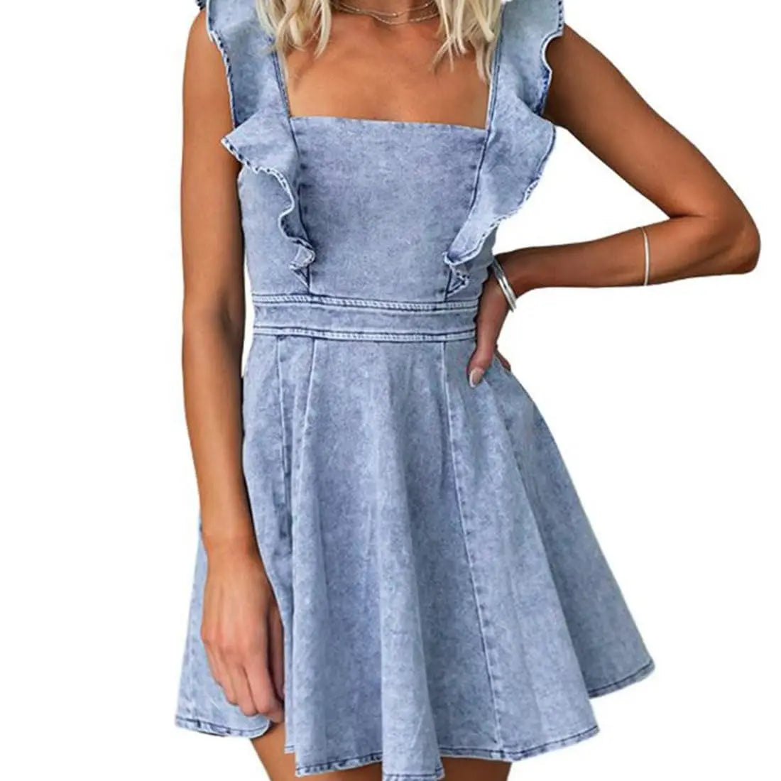 utcoco Women's Sexy Strappy Denim Babydoll Mini Dress - Sleeveless, Backless, Ruffled Trim, Adjustable Straps, Customized, Stylish Women's Wear, Night Out Clothes, Concert Wear, Summer Casual Apparel, Girly Feminine Items