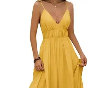 Yousify Women's Deep V-Neck Sleeveless Spaghetti Strap Boho Ruched Bust Maxi Dress - Casual Fashion Dress, Sleeveless for Easy Cooling, Brunch to Beach Wear, Tie Back, Minimalist Summer Basic