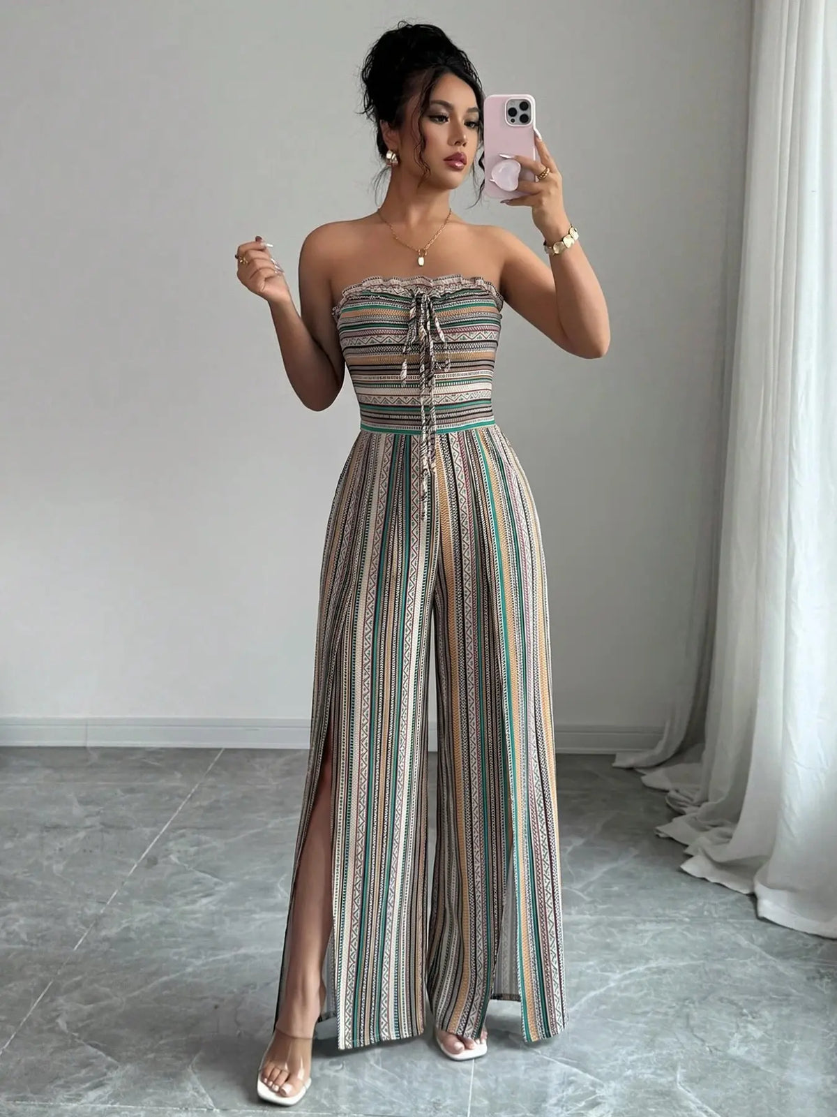 Breathable Flowy Wide Leg Geometric Printed Jumpsuit, Sleeveless Boho Style, Fit, High Waist, Leaf Print, Split Thigh Slit, Perfect for Beach, Work, Date Night