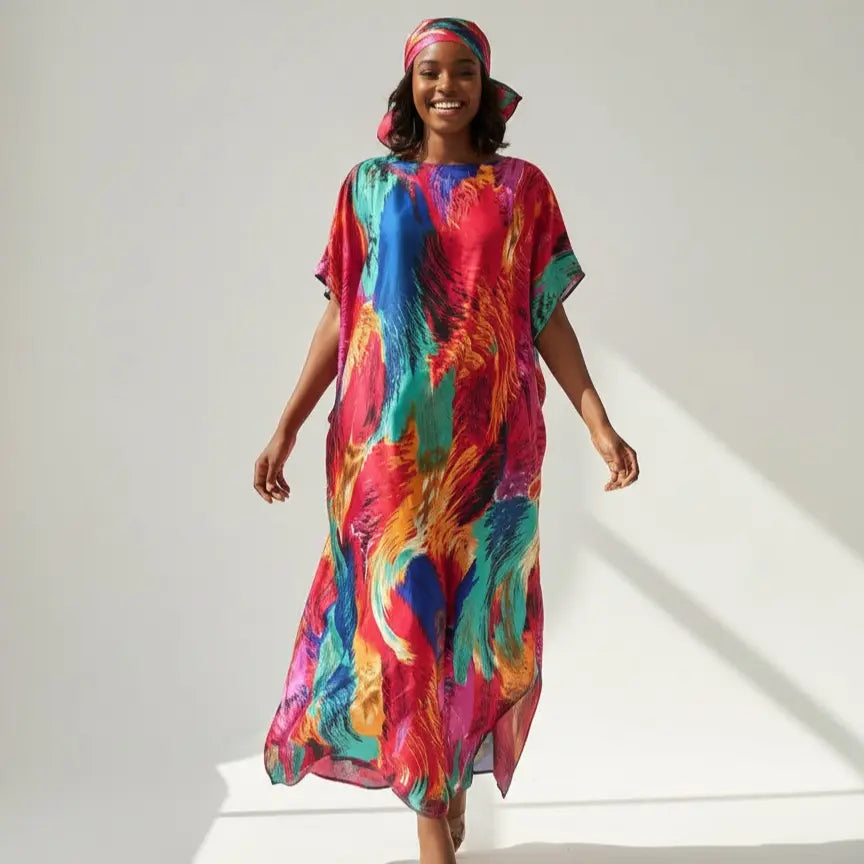 Women's Short-Sleeve Casual Navy & Red Floral Line Art Silky Modest Maxi Bubu Dress Set, Trendy Clothes for Women, Stylish Maxi Dresses