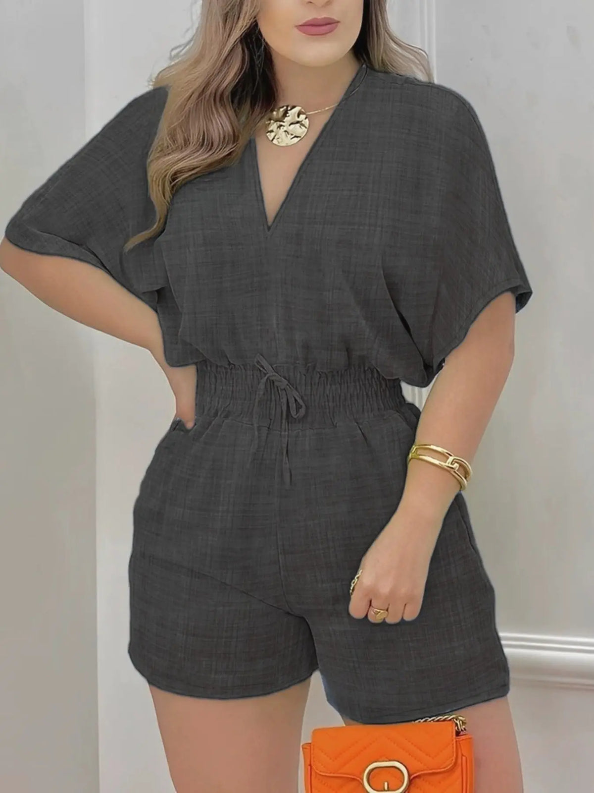 Women's Plain Drawstring Shirred Waist V Neck Romper, Casual Half Sleeve Zipper Back High Waist Romper for Summer, Fashion Women's Clothing for Daily Wear, Casual Rompers