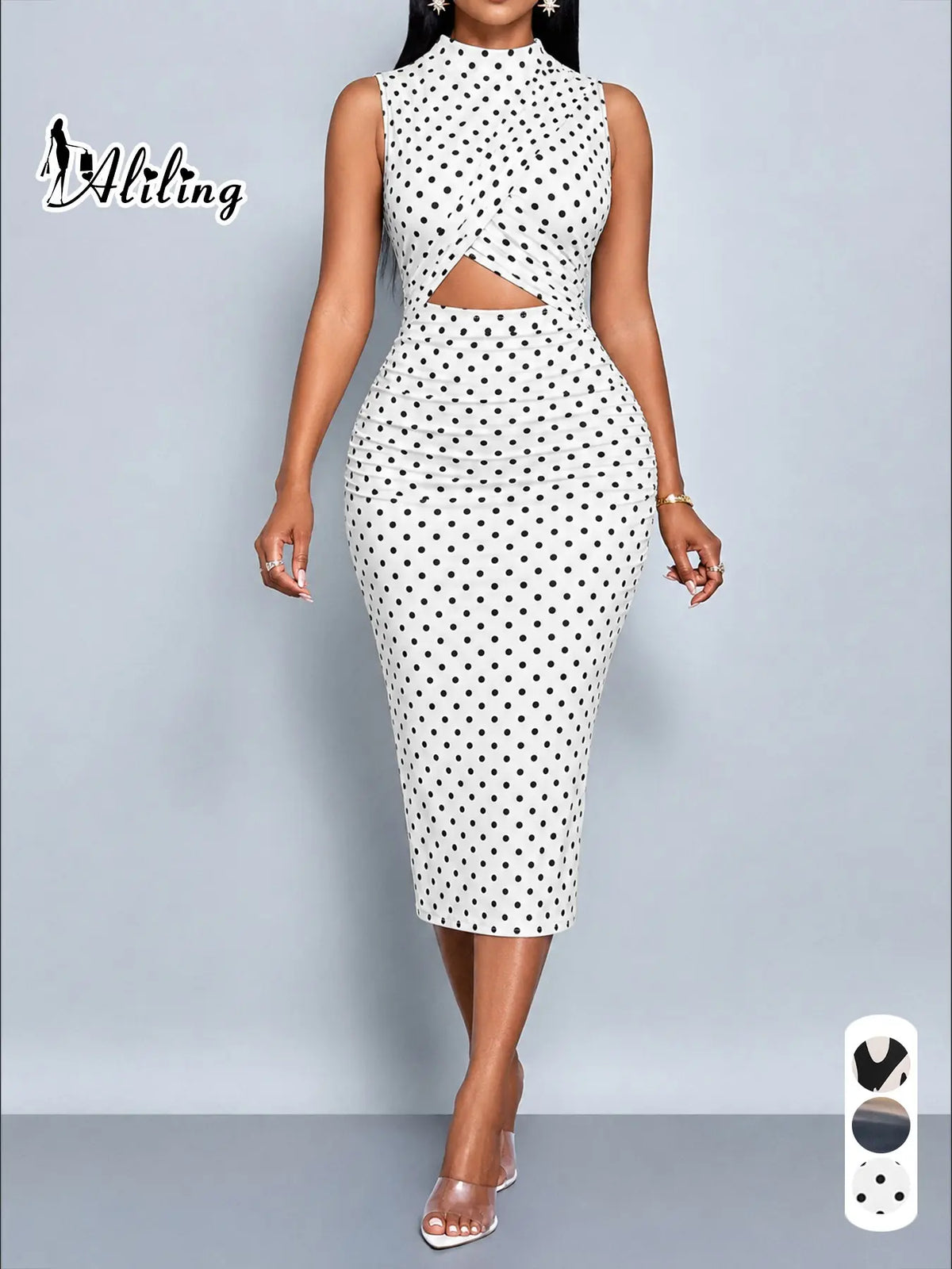 Aliling Elegant Summer Casual Women's Printed Dress, Stand Collar Sleeveless Cut Out Bodycon Slim Fit, Fashionable Long Dress for Ladies, Chic Trendy Dress