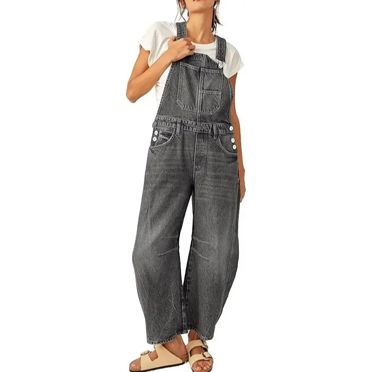 Imily Bela Womens Denim Bib Overalls Barrel Leg Adjustable Strap Jean Pants Jumpsuits with Pockets Womenswear Style