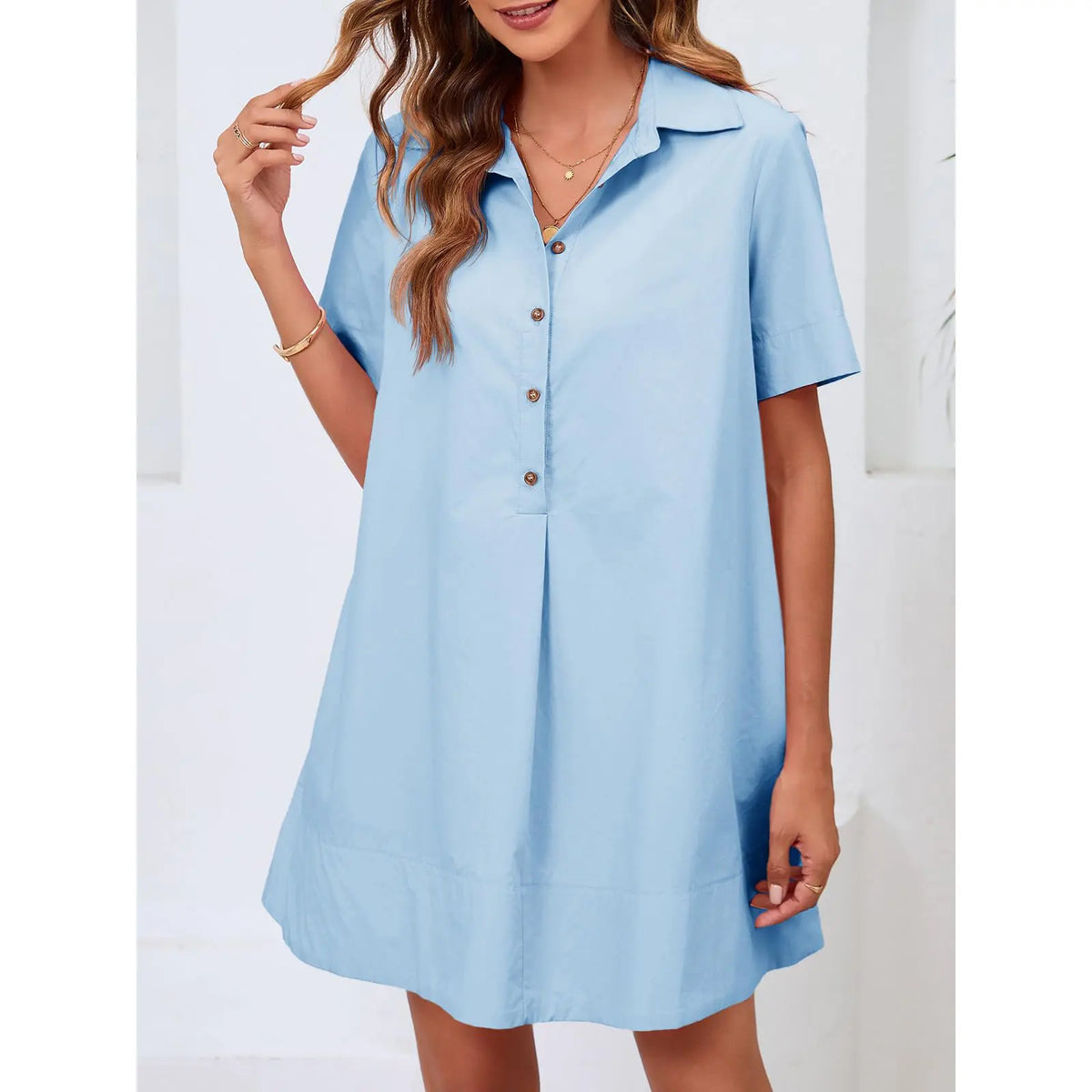 Wenrine Women's Button Down Shirt Dress Oversized Casual Short Sleeve Collared V Neck Party Flowy Summer Mini Dresses Womenswear Soft