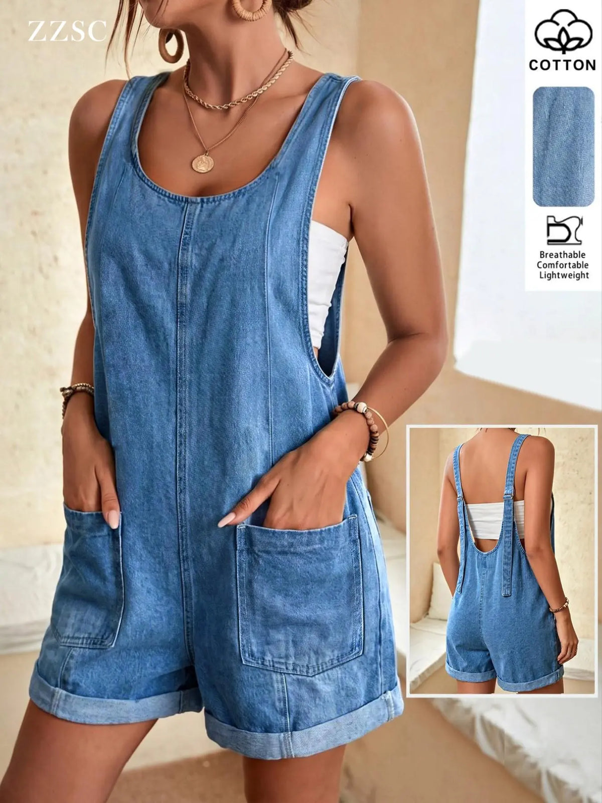 Washed Denim Light Wash Loose Fit High Waist Adjustable Straps Romper Jean Jumpsuit, Casual Everyday Wear Loose Overalls Jumpsuits