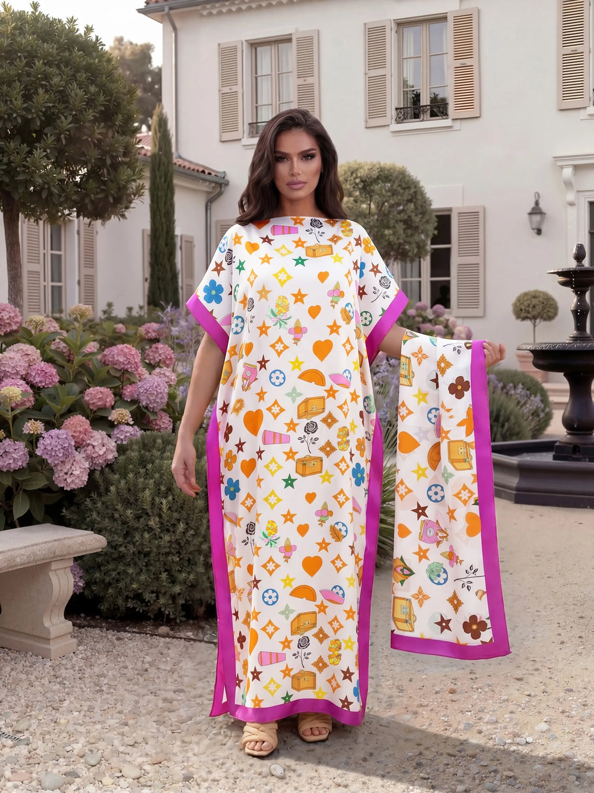 Fashionable Elegant Full-Body Print Robe Set, Moo Moo Long Dress + Headscarf Scarf, Women's Beach Sun Protection Silk Shawl, Beachy Style