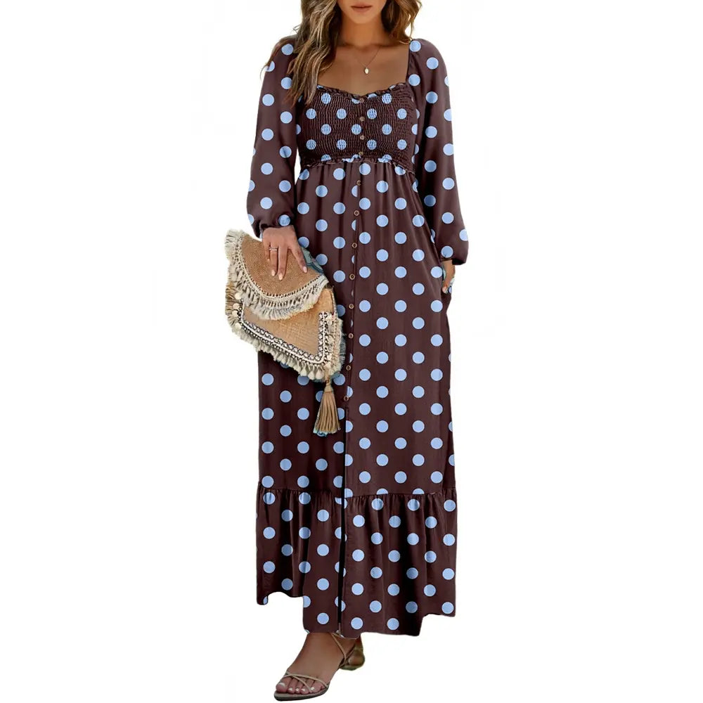 Dokotoo Womens Dresses Boho Floral Smocked Empire Waist Square Neck Long Sleeve Button Maxi Dress Beach Vacation Sundresses