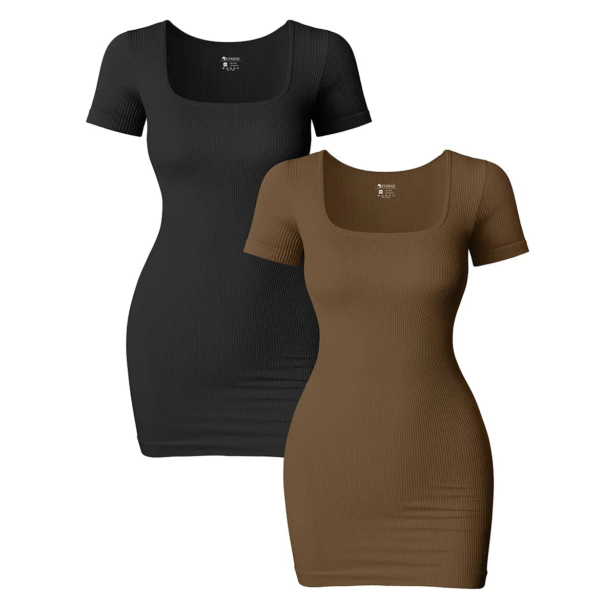OQQfitness Women's Basic Bodycon Stretch Mini Dress - Stretchy Fitted Rib Knitting Square Neck Short-Sleeve, Soft Nylon, Non-See-Through, Minimalist Casual Summer Clothes for Women, Business Wear