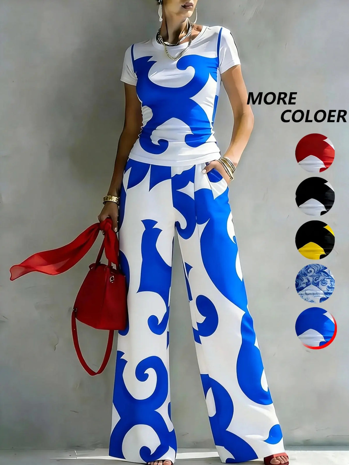 Women's Casual Two-Piece Set, Round Neck T-Shirt with Geometric Random Print, High-Waisted Pocket Wide Leg Pants, Urban Leisure, Matching, Casual Everyday Set
