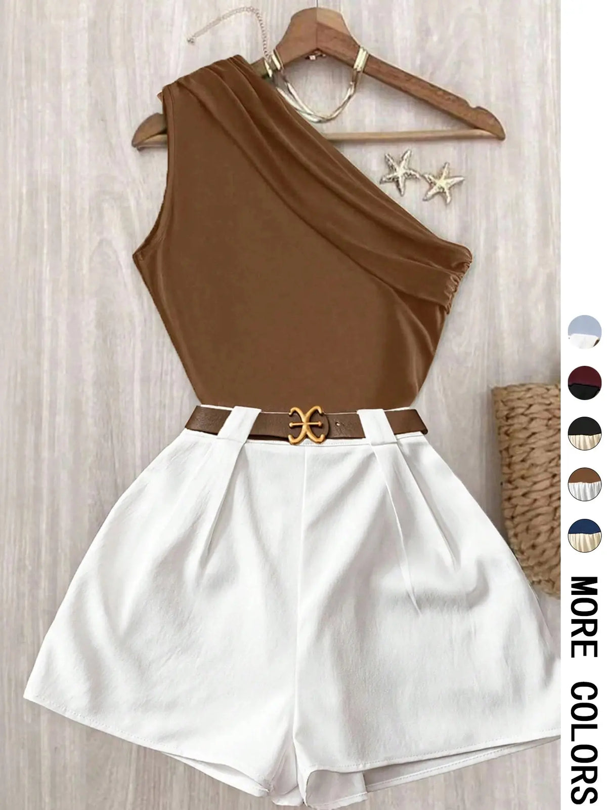 Contrast One-Shoulder Top & Pleated Shorts Matching Set - Ideal for Date Nights, Vacations & Brunch | Comfortable Two-Piece Set, Quiet Luxury Aesthetic - Trendy Baddie Outfit for Office & Going Out | Viral (No Belt) Office Wear