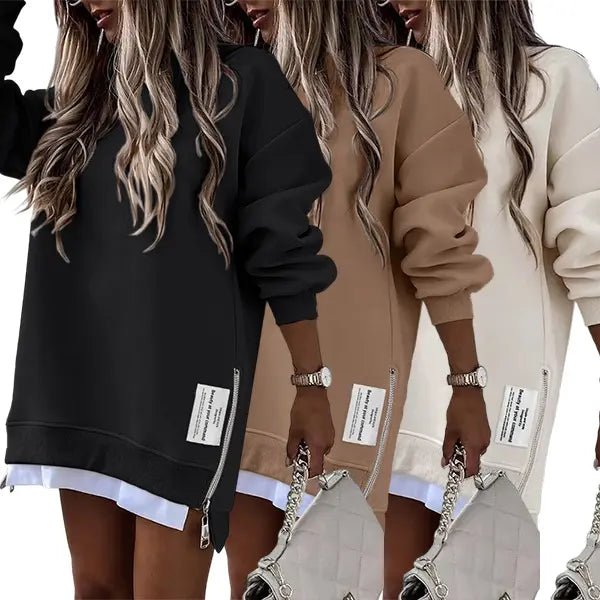 CHICME 2026 Women's Oversized Fall Long Sleeve Pullover Sweatshirt Zipper Slit Casual Dress Drop Shoulder Outfits