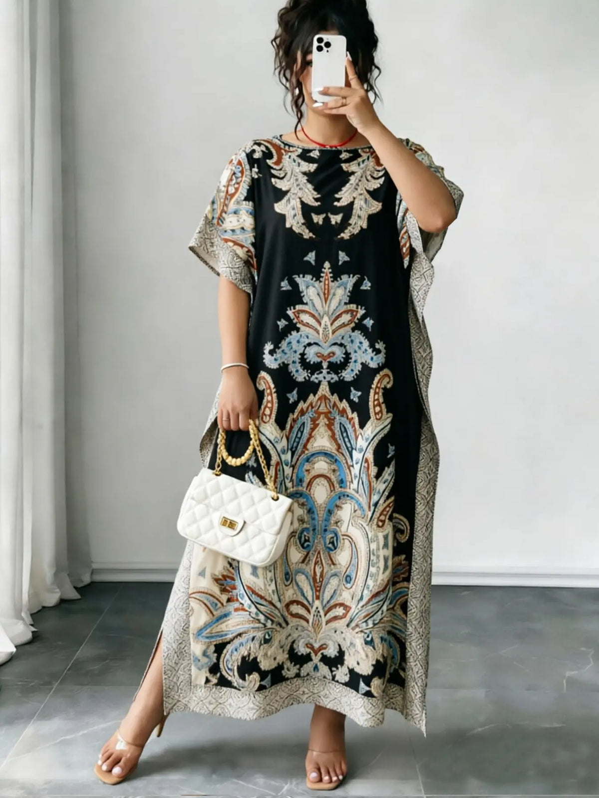 Women's Casual Ethnic Style Loose-Fit Dress, All Over Print, Summer Wear, Beach, Split Hem Design, Ideal for Daily Wear & Vacation, Lightweight