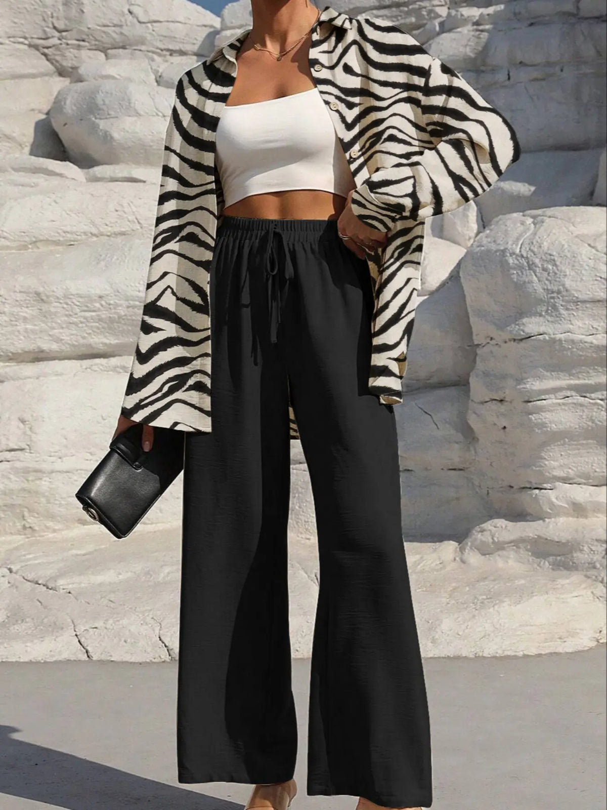 Women's Solid Button Front Shirt & Tie Front Wide Leg Pants Two-piece Set, Casual Drop Shoulder Long Sleeve Top & Trousers 2 Piece Set for Spring & Fall, Women's Clothes for Daily Wear, Casual Outfits Women, Casual Everyday Set