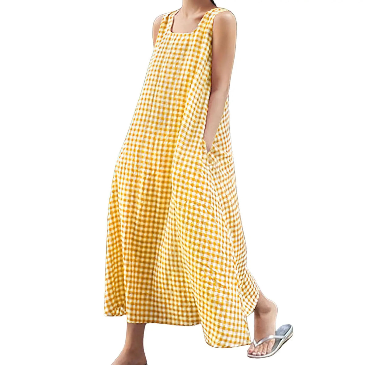 CHOUYATOU Boho Clothes for Women, Lady's Plaid Cotton Sundresses, Loose Fit Maxi with Spaghetti Straps and Pockets, Casual Wear, Chic, Sundresses For Women, Maxi Dress For Women