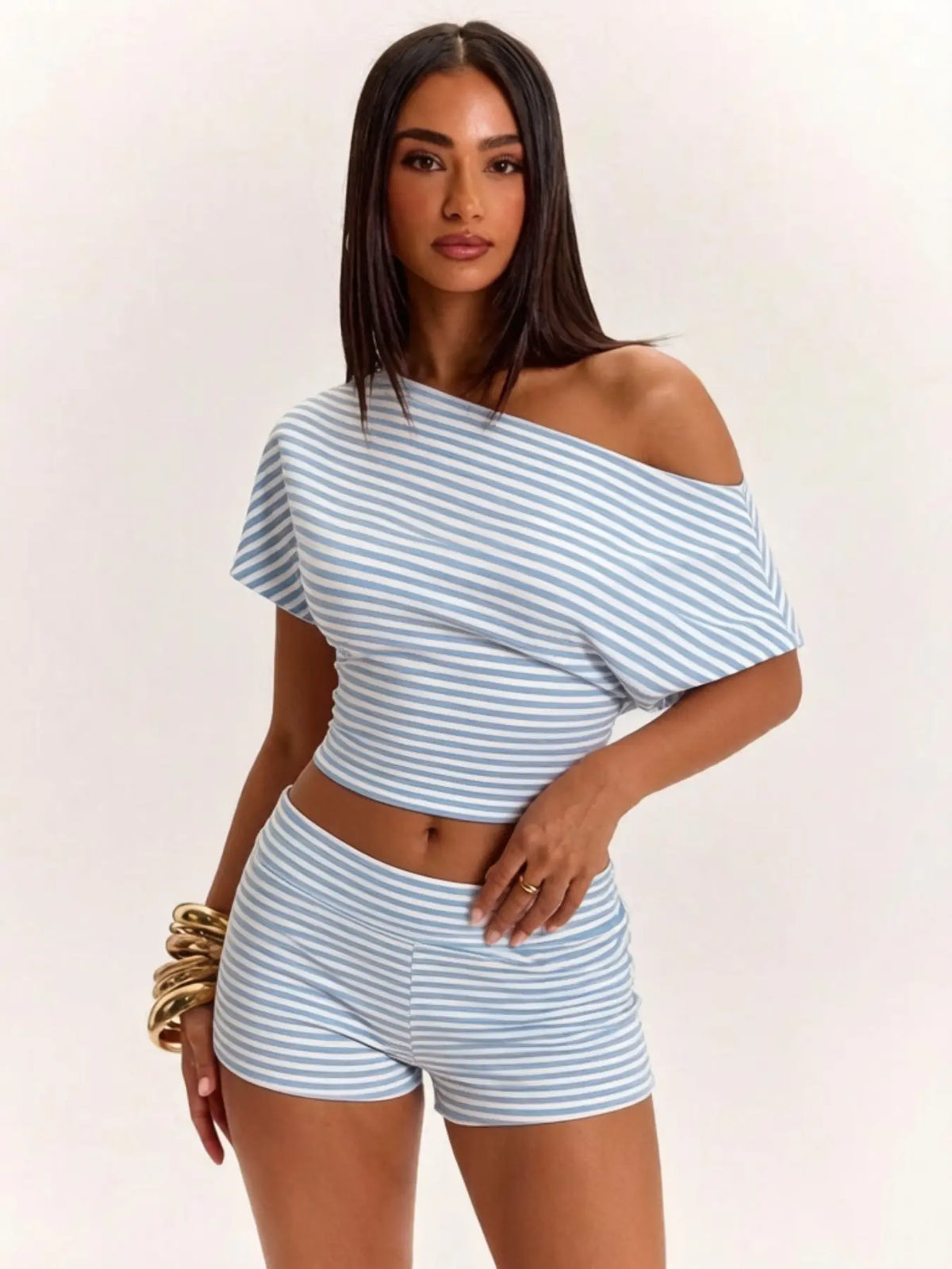 Y2K Striped Off-Shoulder Two-Piece Set for Z Generation Women, Knit Design, Casual Summer, Comfortable Daily Wear, Clothing Sets