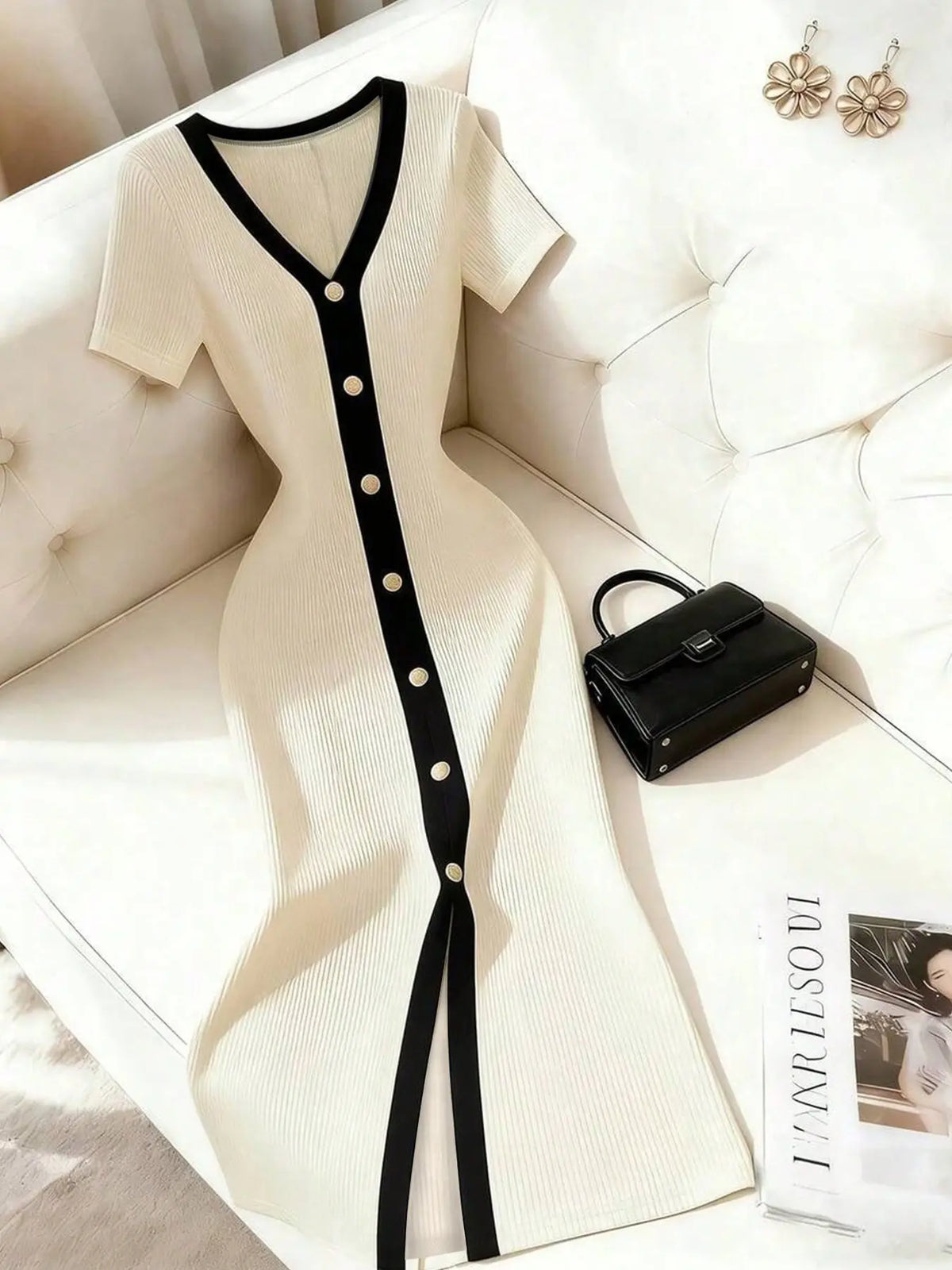 Elegant Knit Dress, Chic, Knitted, Short Sleeve Long Dress, Solid Color, Slim Fit, High Waist, French Style, Casual Wear, Office Wear, Date Night, Tea Time, Pear Shape