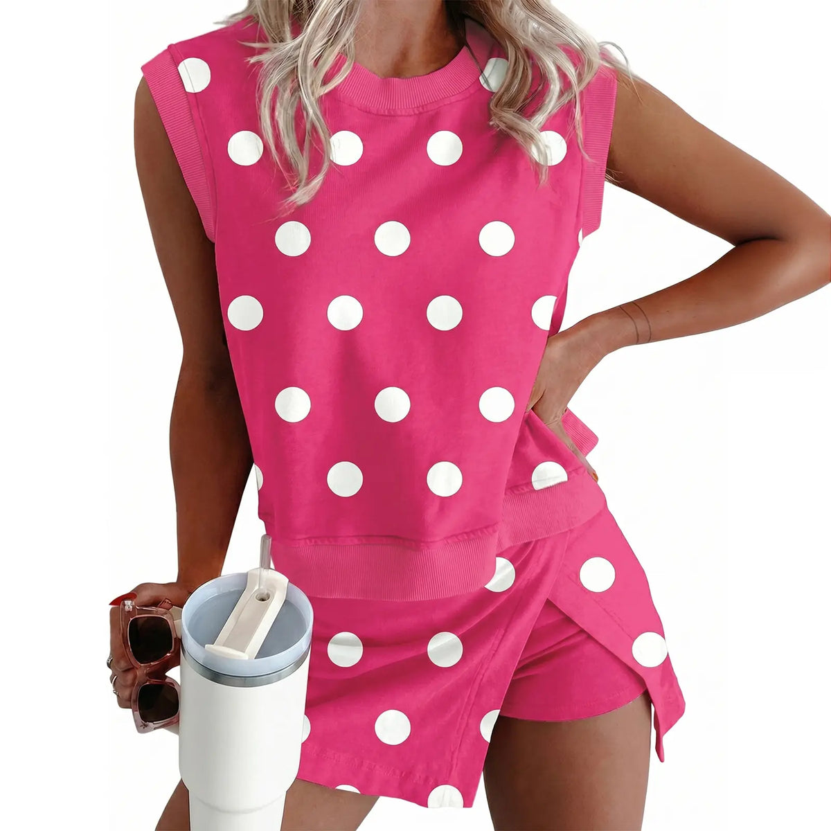 Asvivid Women's Ribbed Trim Polka Dot Print Tank Top and Split Mini Skort 2pcs Set Womenswear Summer Clothes