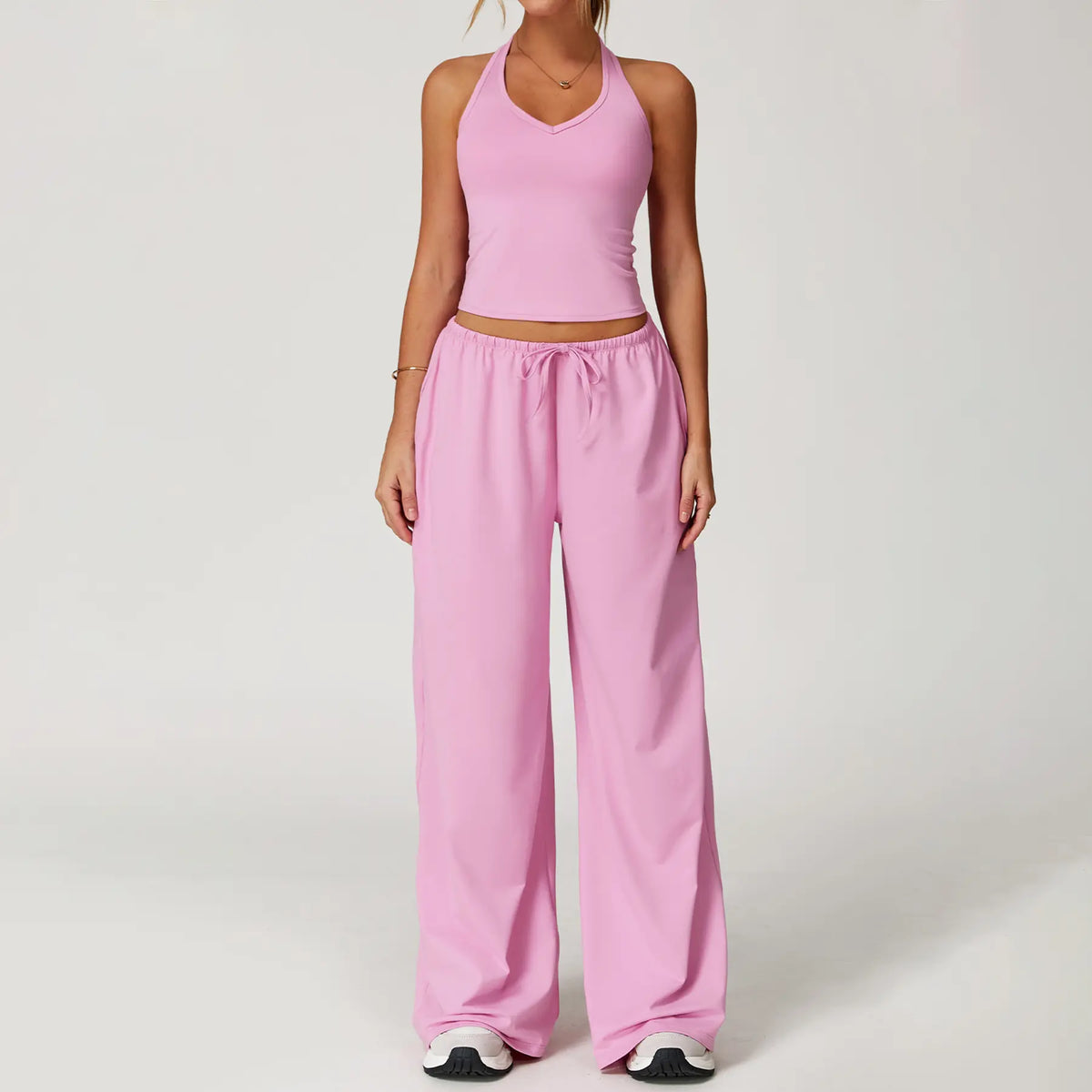 Nvwaurban Women's 2-Piece Fitted Athleisure Outfits, Summer Ribbed Fabric Set with V-Neck Strappy Open-Back Top & Wide Leg Pants, Breathable Everyday Active Lounge Wear for Gym & Travel, Sports Clothing Set for Back to School