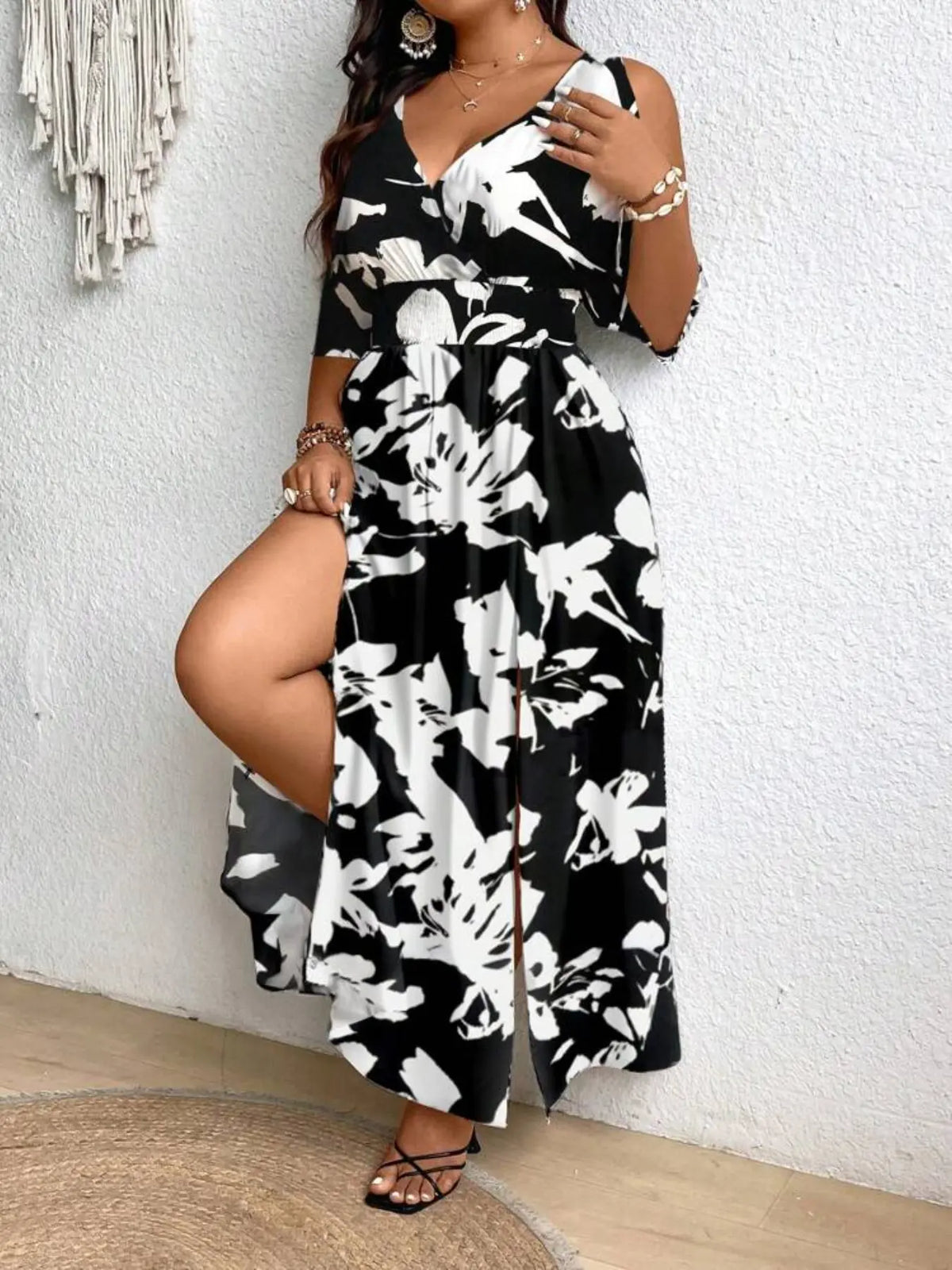 【Plus Size】 All Over Print Split Hem Dress, Casual Boho Chic Cold Shoulder Dress for Summer, Women's Clothes for Daily Wear, Bohemian Style Dresses #GLOBAL PICKS