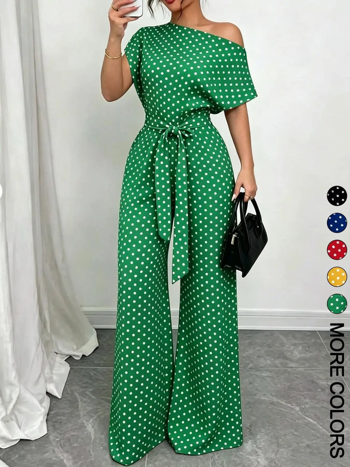 Women's Chic One Piece Jumpsuit, Asymmetrical One‑Shoulder Design, Short Sleeve Cut, Waist Tie for Flattering Silhouette, Palazzo Jumpsuits