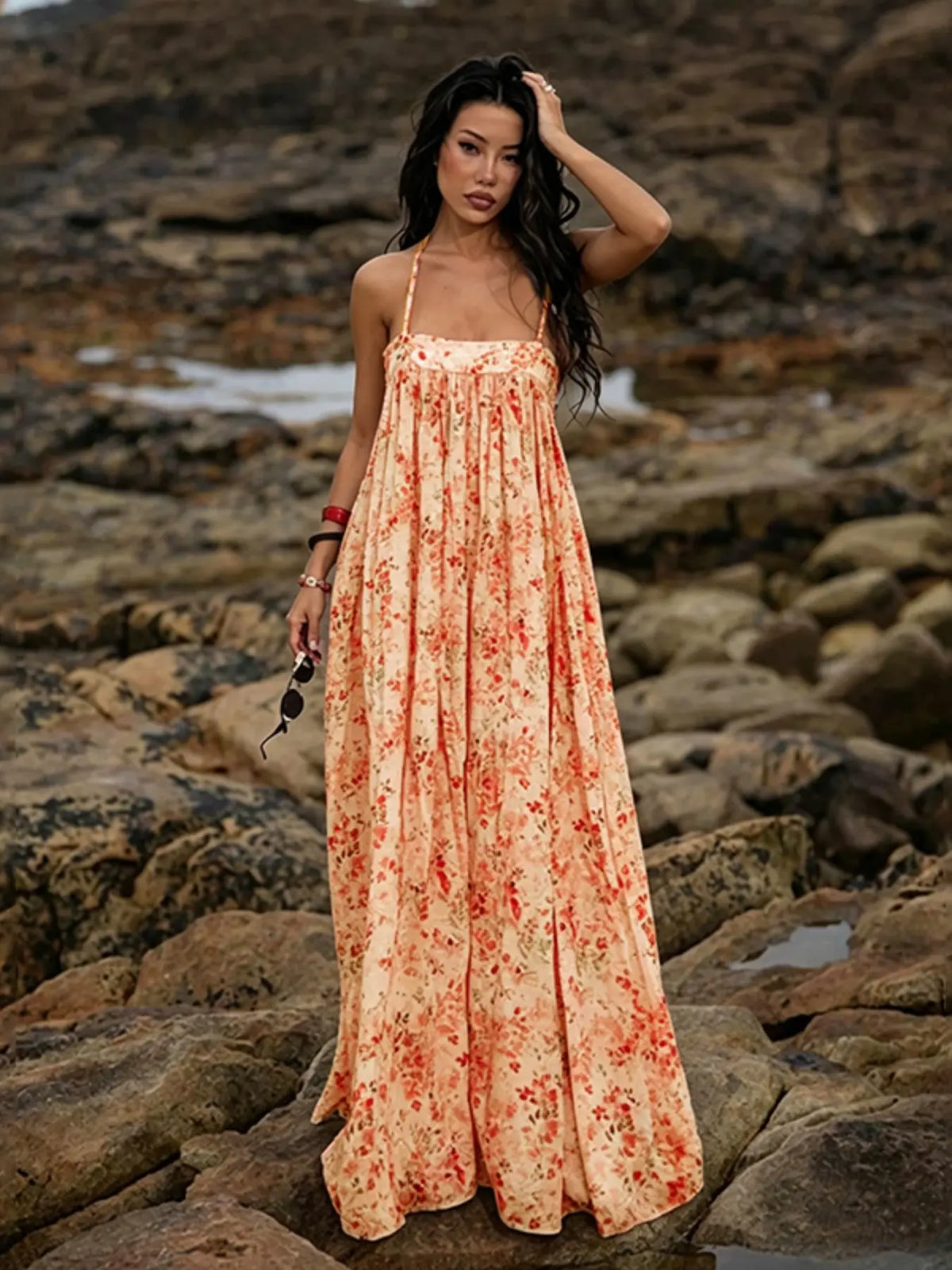 Women's Four-Season Loose-Fit Long Dress, Ditsy Floral Print Style, Ideal for Daily Wear and Vacation, Comfortable and Stylish, Floral Print Dresses