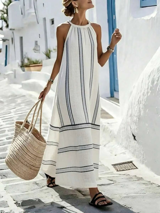 Women's Summer Casual Vacation Sleeveless Round Neck Halter Dress, Boho Beach Dress, Loose-Fitting Striped Print, Unlined, Bohemian Style Dress, Boho Dresses