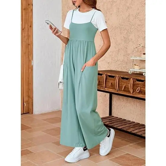 Imily Bela Womens Summer Jumpsuits One Piece Casual Loose Overalls Spaghetti Strap Wide Leg Rompers with Pockets Workout Outfits