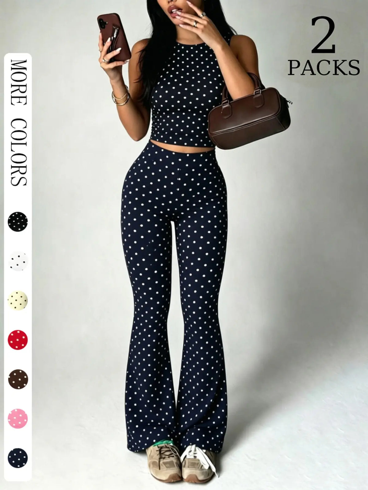 2 Pack Women Polka Dot 2 Piece Outfits, Sleeveless High Neck Crop Top and Flare Leggings Set, Seamless Bodycon Bell Bottom Pants, Trendy Summer Streetwear Outfits, Slim Fit Casual Loungewear for Daily Wear & Going Out Clothes