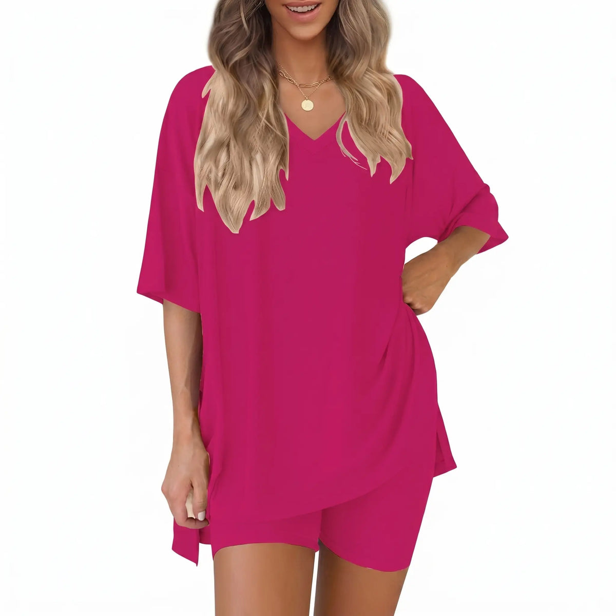 Women's 2 Piece Outfits Summer V Neck Oversized Short Sleeve T Shirt and Biker Shorts Lounge Sets Casual Activewear Tracksuits