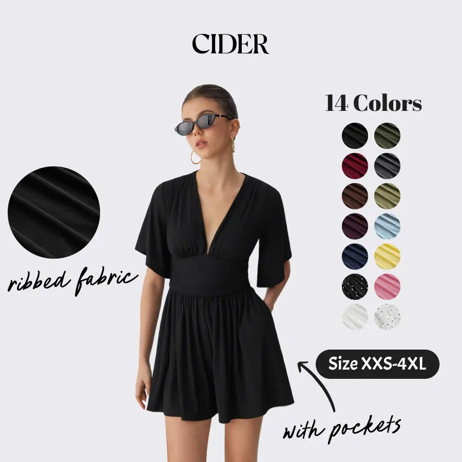 Cider Textured V-neck Ruched Mid Rise Bell Sleeve Ribbed Fabric Romper with Pockets Womenswear Basic Minimalist Jumpsuit