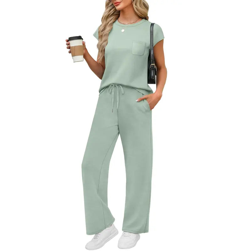 OFEEFAN Womenswear 2 Piece Sets for Women Casual Summer Travel Vacation Outfits Cap Sleeve Lounge Set Chic Crewneck Soft Silky Breathable Clothes