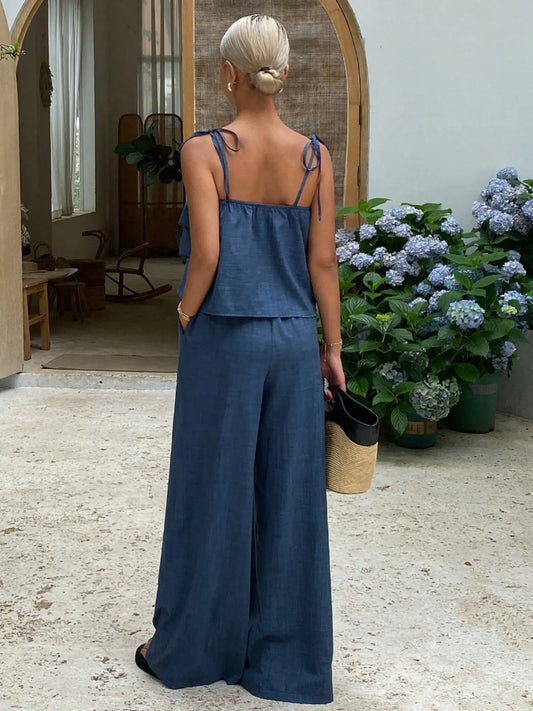 2-Piece Women's Sleeveless Ruffle Top & High Waist Casual Pants Set, High Waisted Sets, Coordinate, Clothes, Comfortable and Trendy Outfits, Stylish Summer Wear