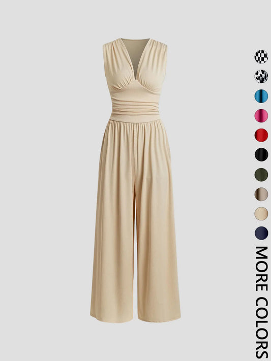 Women's Plain Ruched Deep V Neck Fashion Jumpsuit, Elegant Sleeveless Wide Leg Jumpsuit for Summer, Ladies Clothes for Beach Holiday Vacation