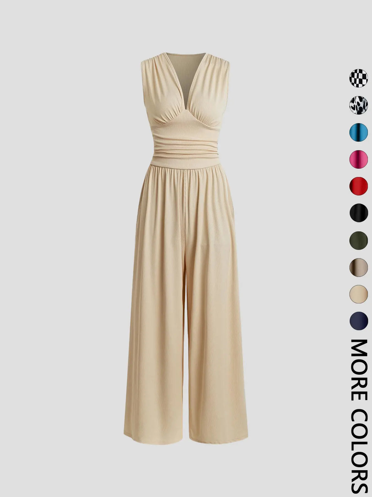 Women's Plain Ruched Deep V Neck Fashion Jumpsuit, Elegant Sleeveless Wide Leg Jumpsuit for Summer, Ladies Clothes for Beach Holiday Vacation