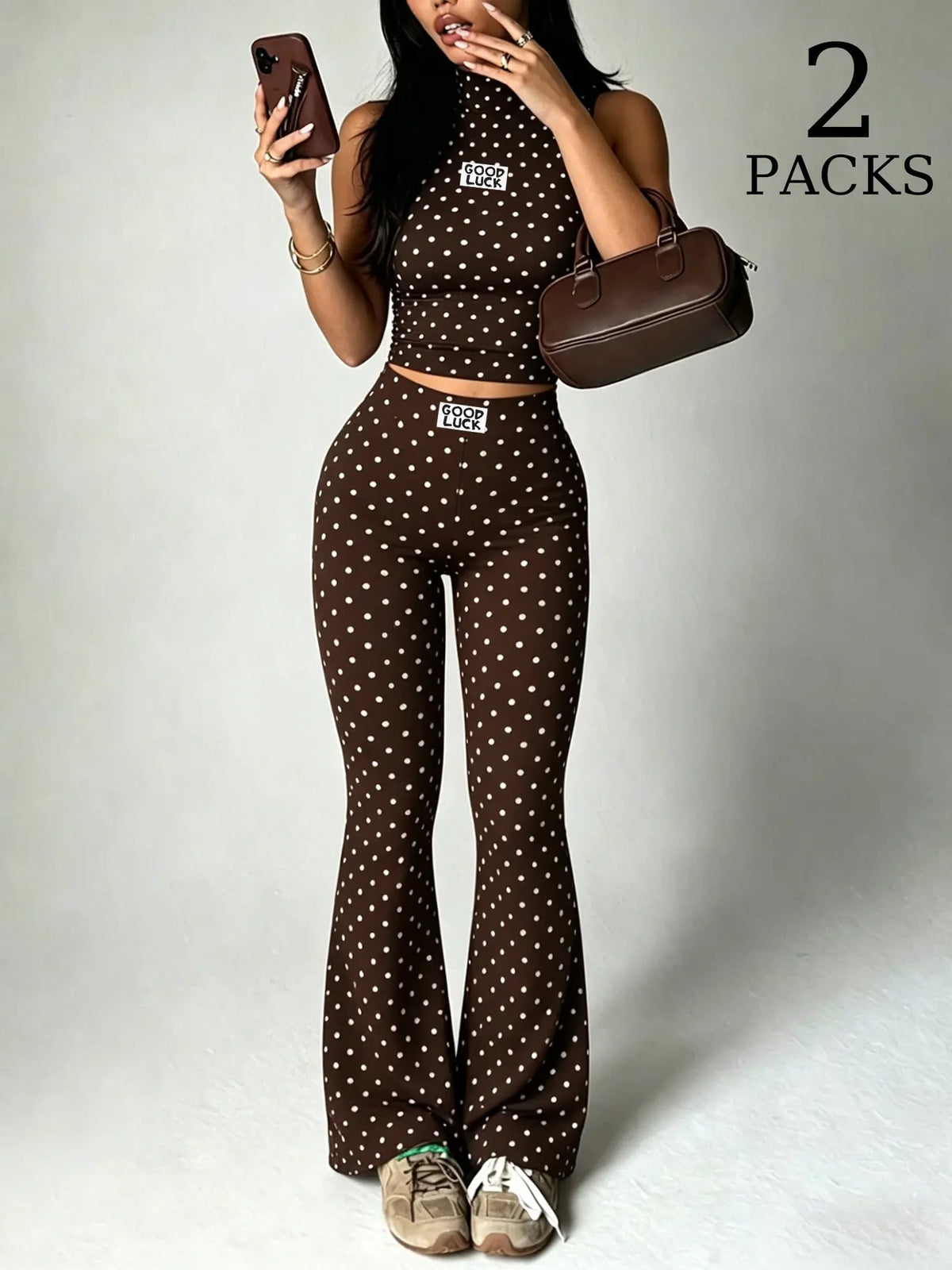 2 Pack Women Polka Dot 2 Piece Outfits, Sleeveless High Neck Crop Top and Flare Leggings Set, Seamless Bodycon Bell Bottom Pants, Trendy Summer Streetwear Outfits, Slim Fit Casual Loungewear for Daily Wear & Going Out Clothes