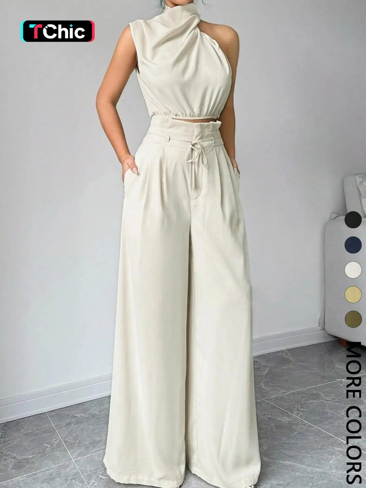 Women's Elegant Asymmetric Top + Wide Leg Pants Two-Piece Set, Everyday Casual Wear, Vacation, Work Commute, Versatile