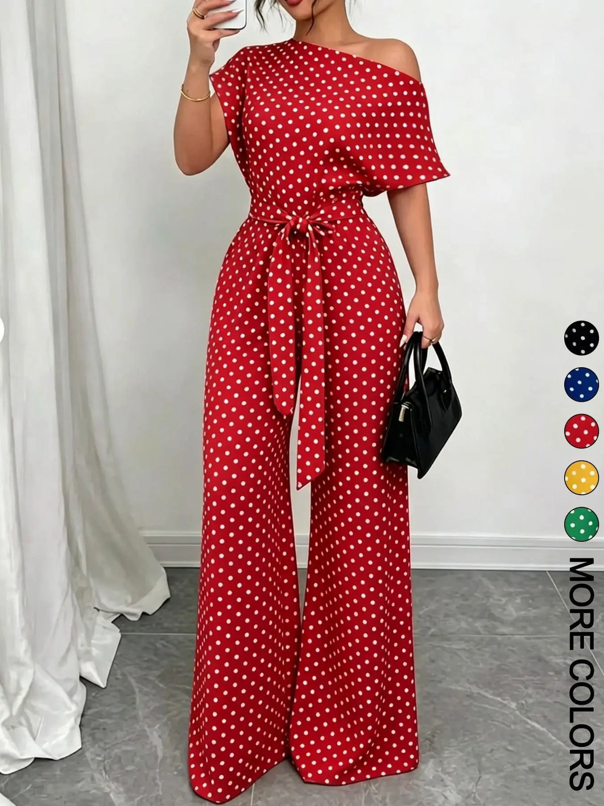 Women's Chic One Piece Jumpsuit, Asymmetrical One‑Shoulder Design, Short Sleeve Cut, Waist Tie for Flattering Silhouette, Palazzo Jumpsuits