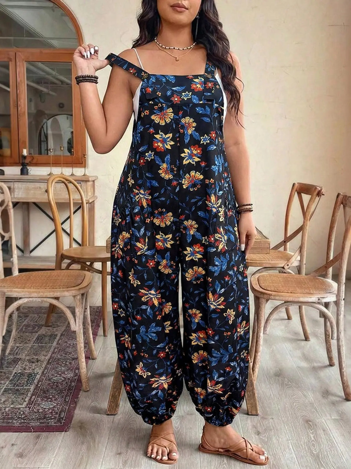 [Plus Size] Geometric Fitted Overalls Jumpsuit, Casual Comfy Sleeveless Jumpsuit for Daily Wear, Women's Plus Womenswear Clothing for All Seasons, Overall Jumpsuits