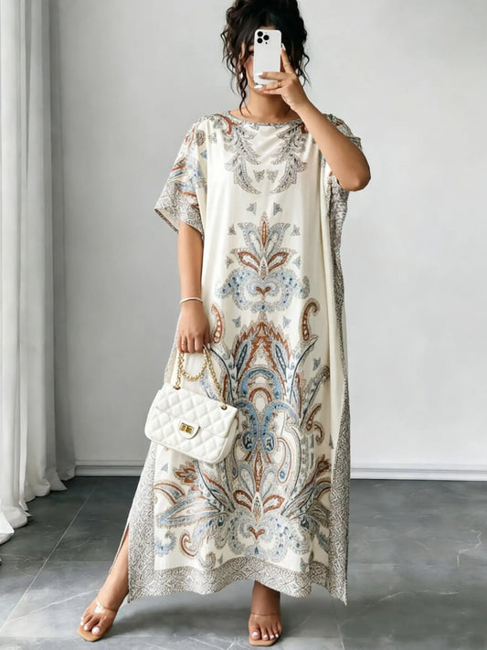 Women's Casual Ethnic Style Loose-Fit Dress, All Over Print, Summer Wear, Beach, Split Hem Design, Ideal for Daily Wear & Vacation, Lightweight